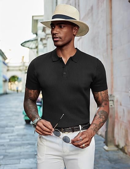COOFANDY Mens Knit Polo Shirts Short Sleeve Button Down Shirt Textured Casual Summer Beach Shirts