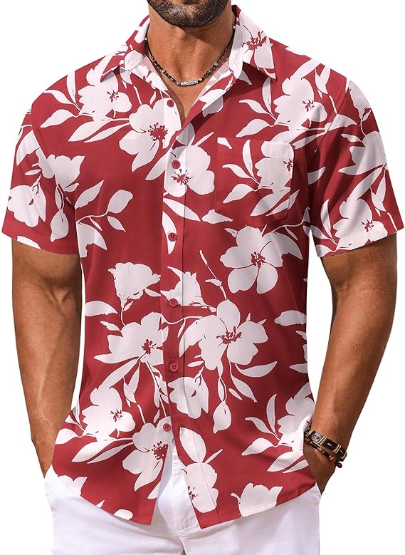 COOFANDY Men's Hawaiian Shirt Short Sleeve Floral Button Down Shirts Tropical Vacation Beach Shirts with Pocket