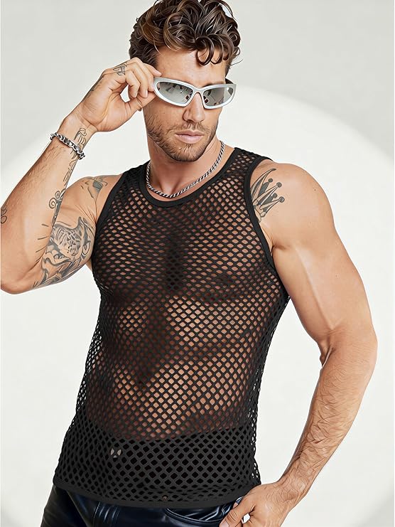 COOFANDY Men Casual Tank Tops Mesh Shirt See Through Sleeveless Shirts Muscle Fishnet Fitted Tee Clubwear Summer