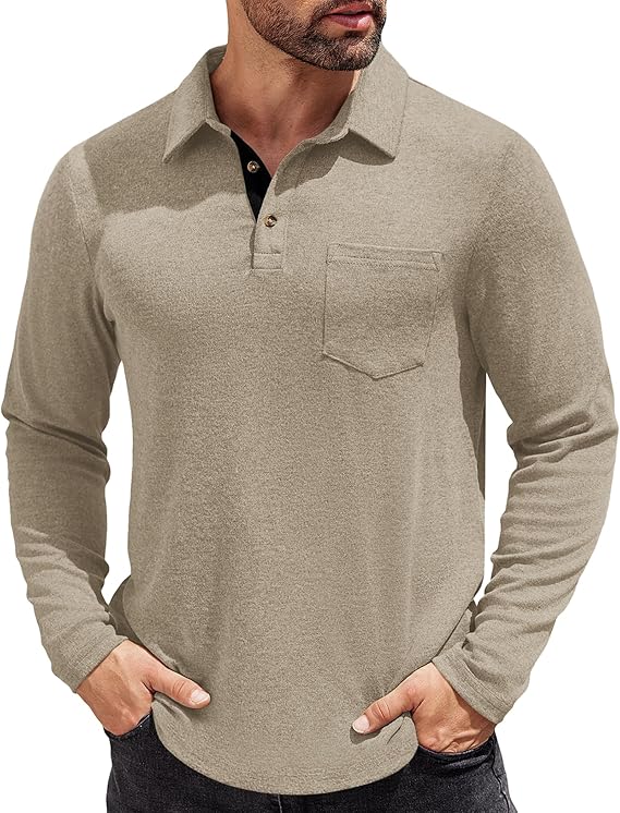 COOFANDY Men's Long Sleeve Polo Shirt Casual Dress Button Polo T Shirt with Pocket Basic Lightweight Collared Golf Shirt