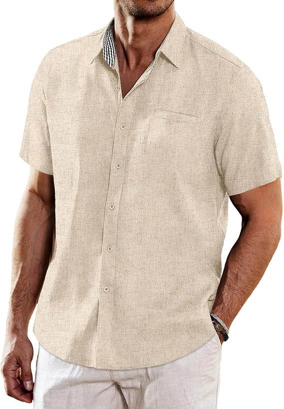 COOFANDY Men's Casual Linen Shirts Short Sleeve Button Down Shirt Summer Beach Tops