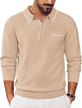 COOFANDY Mens Knit Polo Long Sleeve Collared Sweater Polo Business Casual Polos with Pocket