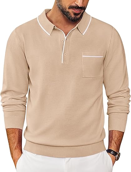 COOFANDY Mens Knit Polo Long Sleeve Collared Sweater Polo Business Casual Polos with Pocket