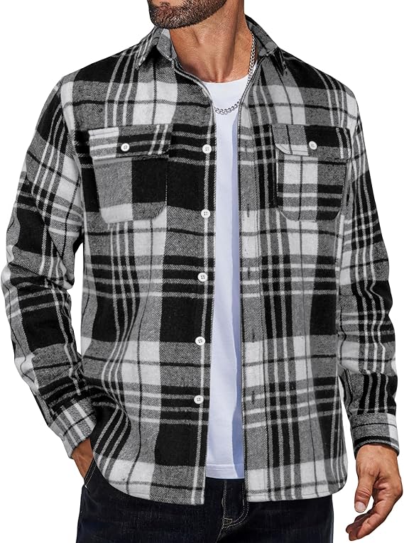 COOFANDY Mens Flannel Shirts Long Sleeve Plaid Shirt Jacket Button Down Shirt with Pockets