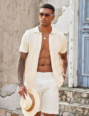 COOFANDY Mens Knit Button Down Shirts Casual Textured Polo Shirt Short Sleeve Vintage Summer Beach Tops