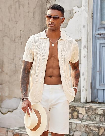 COOFANDY Mens Knit Button Down Shirts Casual Textured Polo Shirt Short Sleeve Vintage Summer Beach Tops