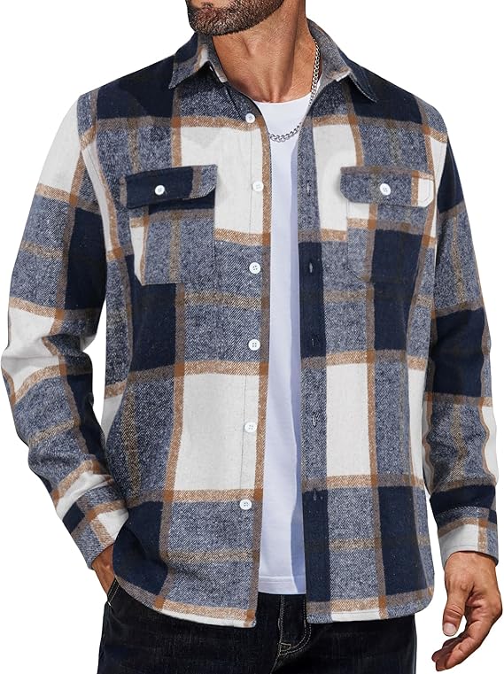 COOFANDY Mens Flannel Shirts Long Sleeve Plaid Shirt Jacket Button Down Shirt with Pockets