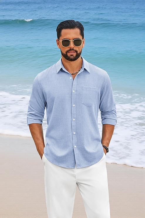 COOFANDY Men's Casual Button Down Shirt Long Sleeve Linen Chambray Shirt