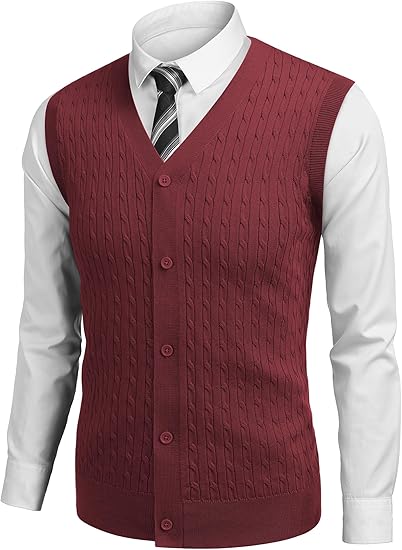COOFANDY Men's Sleeveless Sweater Vest V-Neck Casual Cable Knit Button Down Cardigan Vest