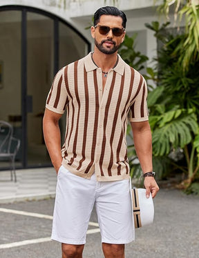 COOFANDY Men's Knit Shirts Short Sleeve Button Down Polo Shirt Striped Casual Summer Beach Shirts