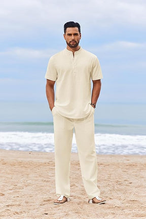 COOFANDY Men's 2 Piece Cotton Sets Casual Short Sleeve Henley Shirts and Beach Pants with Pockets Summer Vacation Outfits