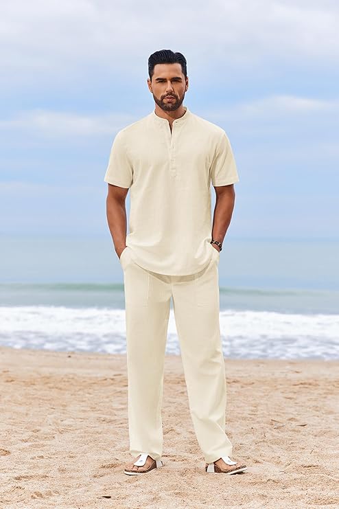 COOFANDY Men's 2 Piece Cotton Sets Casual Short Sleeve Henley Shirts and Beach Pants with Pockets Summer Vacation Outfits