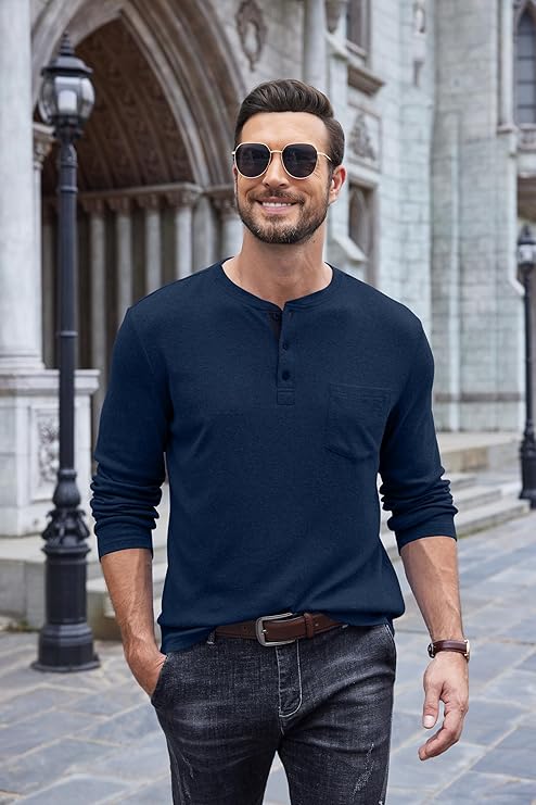 COOFANDY Men Long Sleeve Henley T-Shirs Casual Basic Lightweight Fashion Shirts Soild Tees with Pockets