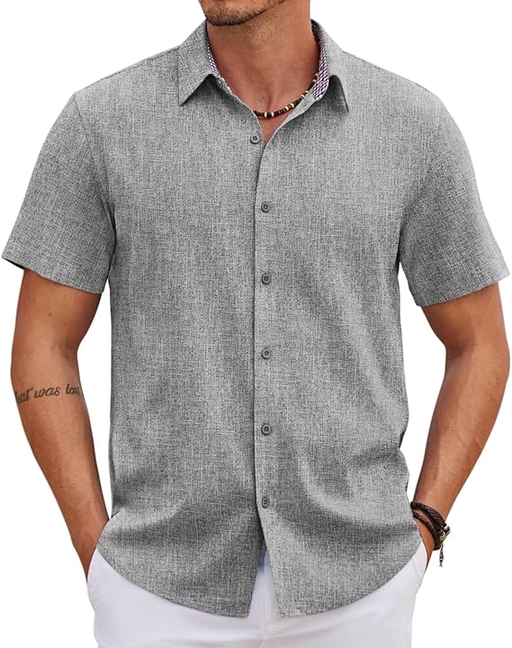 COOFANDY Men's Saint Patrick's Day Green Linen Shirt Short Sleeve Button Down Casual Plaid Collar Summer Beach Shirt