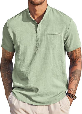 COOFANDY Men's Henley Shirts Band Collar Short Sleeve T-Shirts Casual Summer Beach Shirt Hippie Fashion Hawaiian Shirt