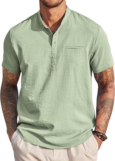 COOFANDY Men's Henley Shirts Band Collar Short Sleeve T-Shirts Casual Summer Beach Shirt Hippie Fashion Hawaiian Shirt