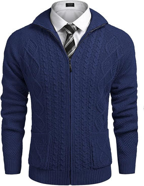 COOFANDY Men's Full Zip Cardigan Sweater Slim Fit Stand Collar Cotton Cable Knitted Sweater with Pockets