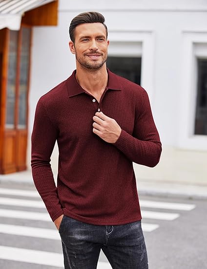 COOFANDY Men's Casual Polo Shirts Long Sleeve Textured Knit Tee Shirt Wrok Tshirts