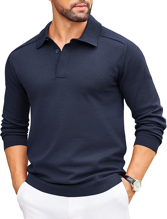 COOFANDY Mens Knit Polo Sweater Long Sleeve Polo Collared Sweaters Hidden Button Casual Pullover Sweater