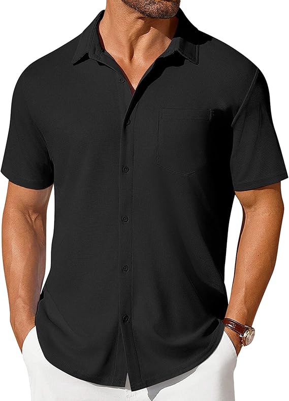COOFANDY Men's Short Sleeve Button Down Shirt Casual Summer Beach Shirt Waffle Knit Shirts Wrinkle Free Untucked Shirt