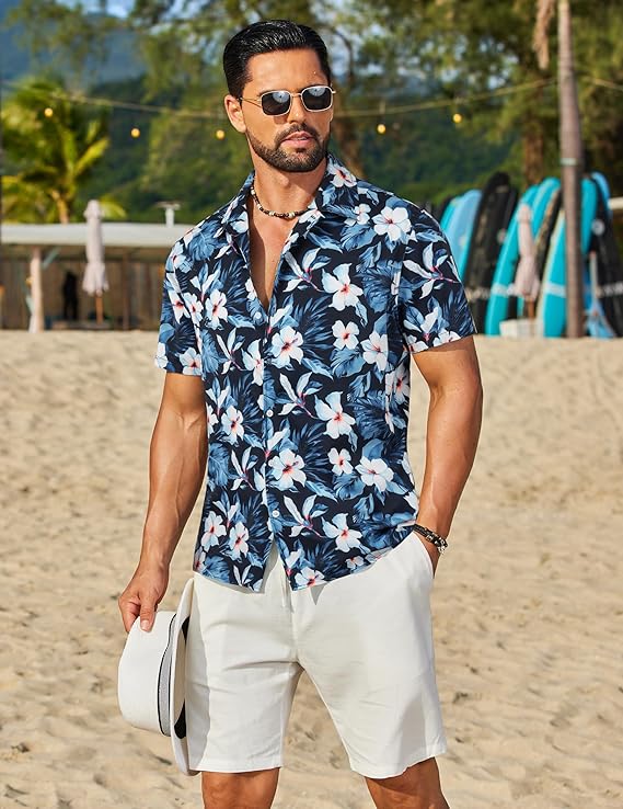 COOFANDY Mens Hawaiian Shirt Short Sleeve Button Down Floral Aloha Shirts Tropical Vacation Beach Shirts