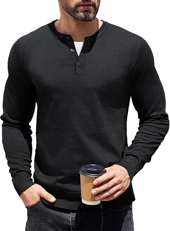 COOFANDY Mens Knit Henley T-Shirts Dress Long Sleeve Sweater Casual Collarless Quarter Button Pullover