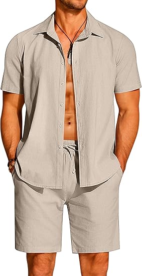 COOFANDY Men's 2 Pieces Cotton Linen Set Short Sleeve Button Down Shirts Summer Beach Shorts Casual Outfits