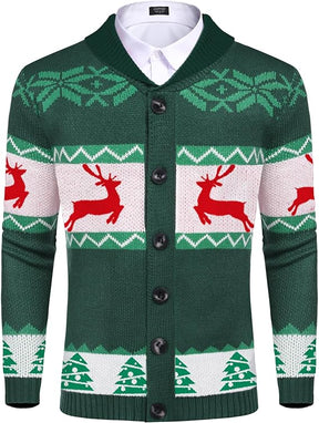 COOFANDY Men's Christmas Cardigans Ugly Xmas Sweaters Reindeer Snowflake Shawl Collar Knitted Cardigan Sweater