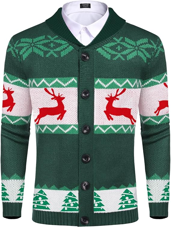 COOFANDY Men's Christmas Cardigans Ugly Xmas Sweaters Reindeer Snowflake Shawl Collar Knitted Cardigan Sweater