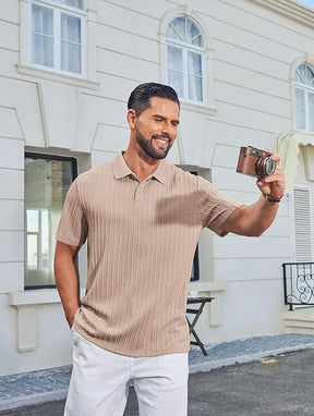 COOFANDY Mens Polo Shirt Textured Knit Button Casual Short Sleeve Summer Vacation Beach Stretchy Golf Shirts