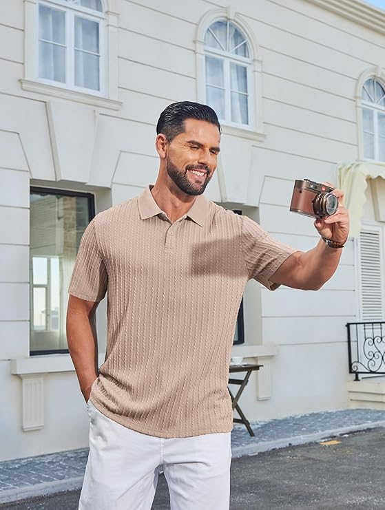 COOFANDY Mens Polo Shirt Textured Knit Button Casual Short Sleeve Summer Vacation Beach Stretchy Golf Shirts