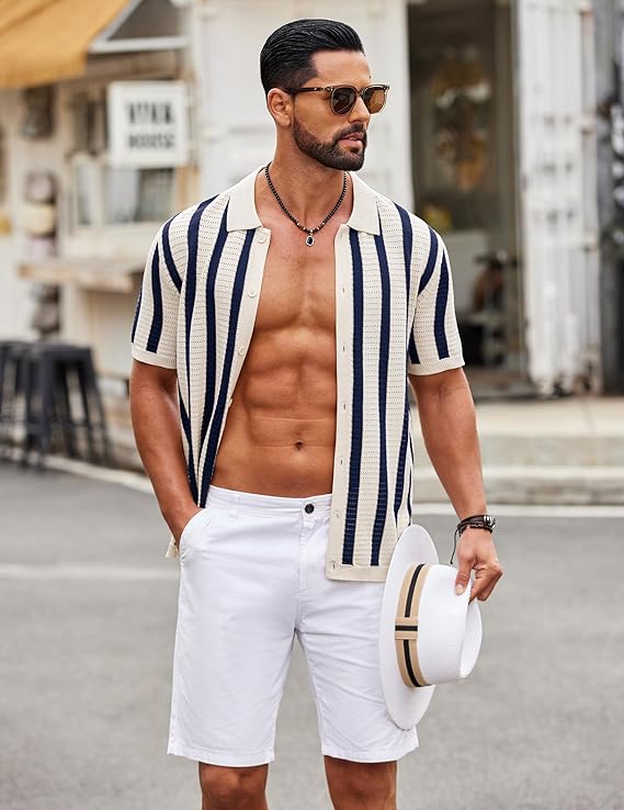 COOFANDY Men's Knit Shirts Short Sleeve Button Down Polo Shirt Striped Casual Summer Beach Shirts