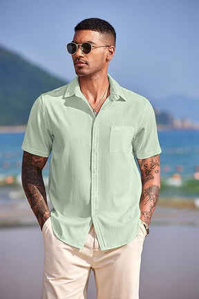 COOFANDY Men's Casual Short Sleeve Button Down Summer Beach Shirt Lightweight Textured Wrinkle Free Untucked Shirts