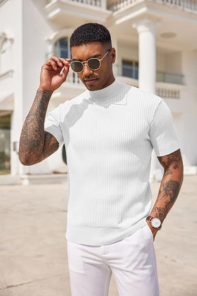 COOFANDY Men's Mock Turtleneck Sweater Short Sleeve Casual Basic Tops Ribbed Knit Pullover Solid Tee