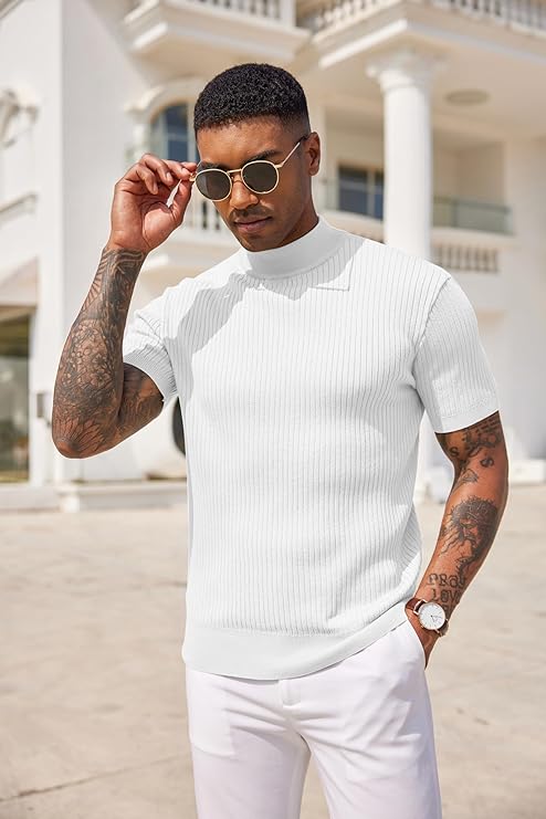 COOFANDY Men's Mock Turtleneck Sweater Short Sleeve Casual Basic Tops Ribbed Knit Pullover Solid Tee