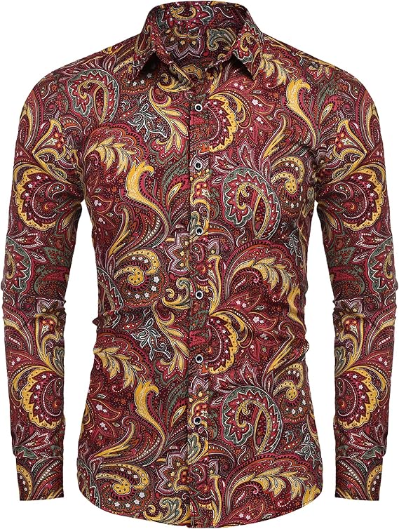 COOFANDY Men's Paisley Cotton Long Sleeve Shirt Floral Print Casual Retro Button Down Shirt S-XXL