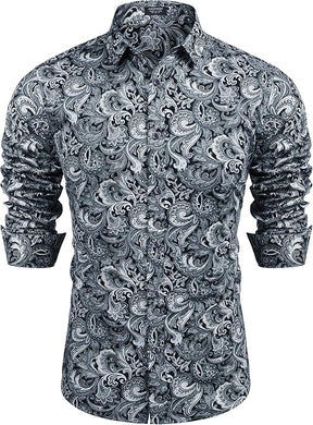 COOFANDY Men's Paisley Cotton Long Sleeve Shirt Floral Print Casual Retro Button Down Shirt S-XXL