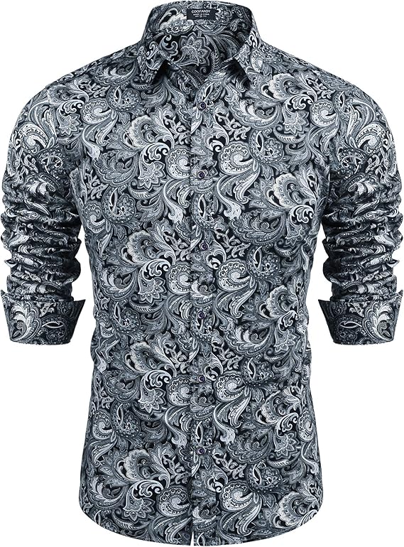COOFANDY Men's Paisley Cotton Long Sleeve Shirt Floral Print Casual Retro Button Down Shirt S-XXL