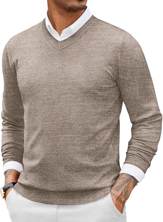 COOFANDY Men Casual V Neck Sweater Ribbed Knit Slim Fit Long Sleeve Pullover Top