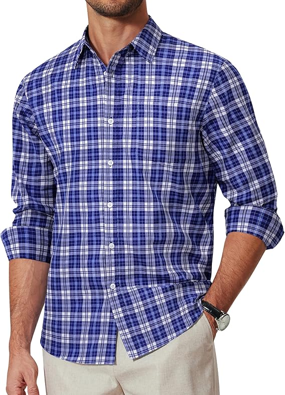 COOFANDY Men's Plaid Button Down Shirt Cotton Long Sleeves Dress Shirt Wrinkle Free Casual Gingham Shirt