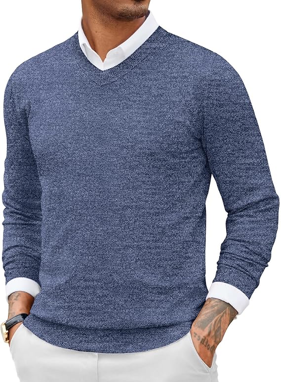 COOFANDY Men Casual V Neck Sweater Ribbed Knit Slim Fit Long Sleeve Pullover Top