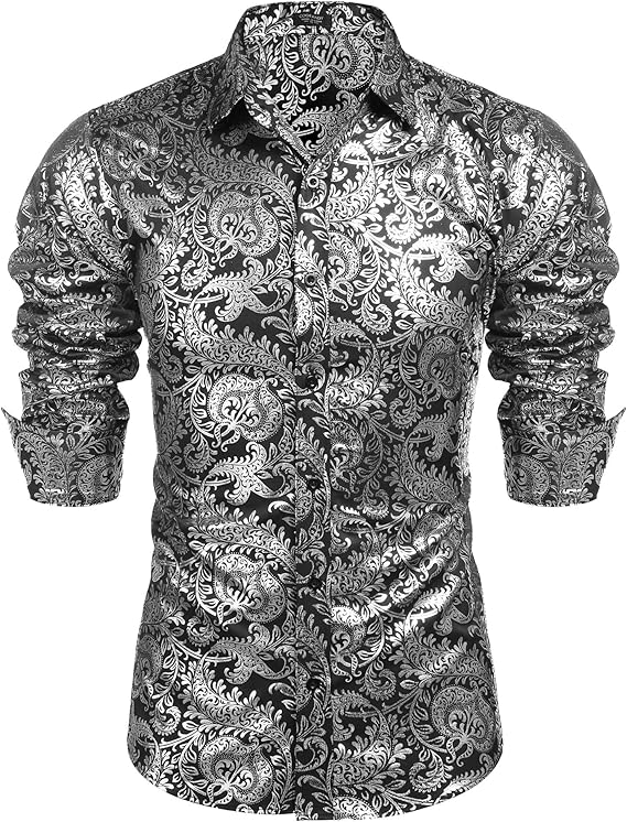 COOFANDY Men's Paisley Shirt Luxury Disco Long Sleeve Button Down Dress Shirts