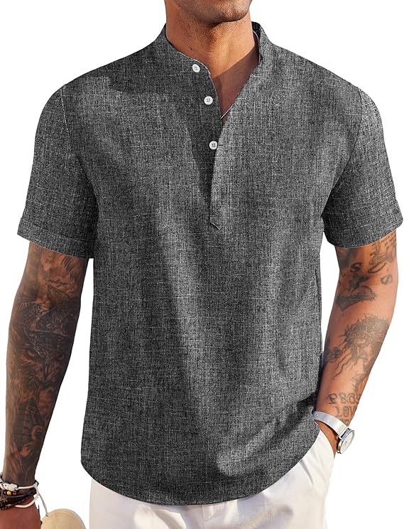 COOFANDY Men's Casual Cotton Shirts Band Collar Long Sleeve Beach Hippie T Shirts