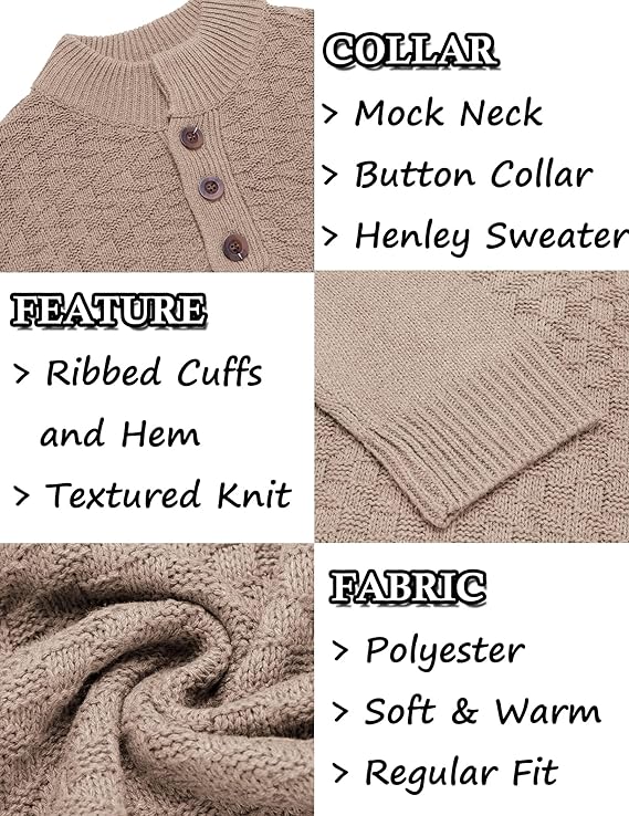 COOFANDY Men Mock Neck Button Sweater Casual Knitted Sweaters Fashion Henley Sweater