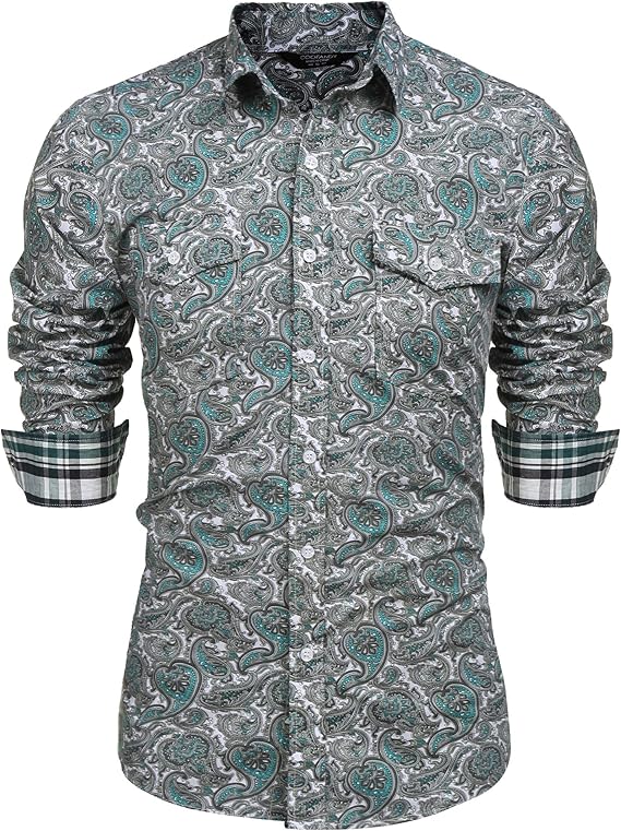 COOFANDY Mens Paisley Printed Shirts Casual Long Sleeve Button Down Shirts Floral Dress Shirt with Pockets