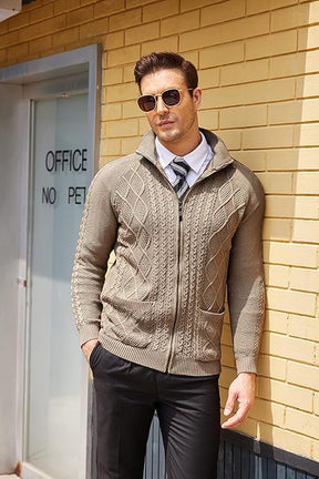 COOFANDY Men's Full Zip Cardigan Sweater Slim Fit Stand Collar Cotton Cable Knitted Sweater with Pockets