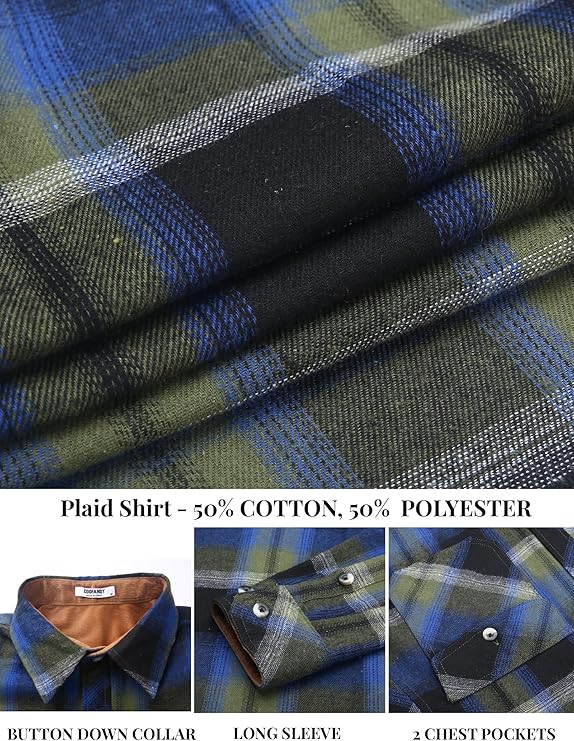 COOFANDY Men's Fall Plaid Button Down Shirt Long Sleeve Casual Cowboy Work Shirts Lightweight Flannel Shirts Two Pocket