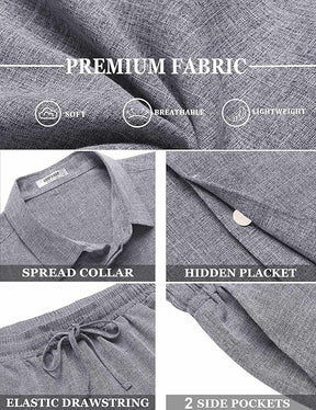 COOFANDY Men's Summer Beach Outfits 2 Piece Short Sleeve Shirts and Shorts Vacation Texture Linen Sets for Men