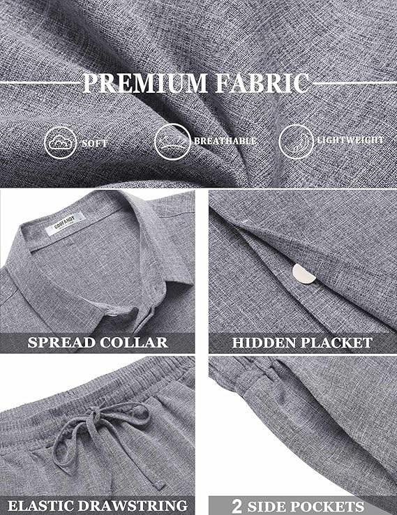 COOFANDY Men's Summer Beach Outfits 2 Piece Short Sleeve Shirts and Shorts Vacation Texture Linen Sets for Men