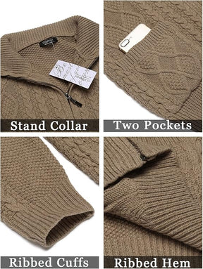 COOFANDY Men's Full Zip Cardigan Sweater Slim Fit Stand Collar Cotton Cable Knitted Sweater with Pockets